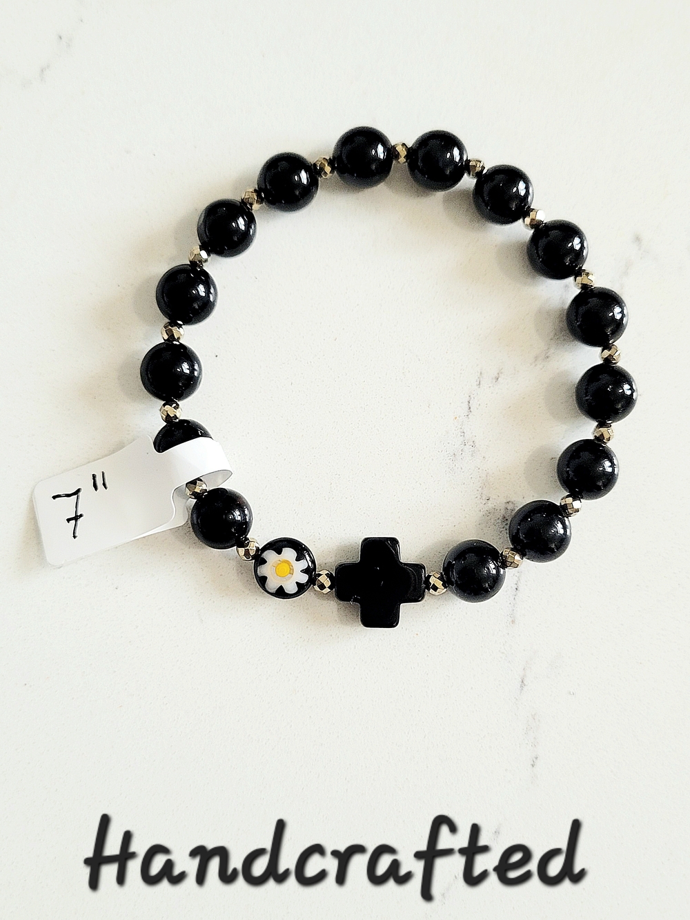 Hand Crafted Black Onyx Bead Kids Bracelet with Glass Daisy Accent
